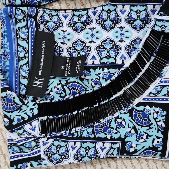 INC Blue and White Sleeveless Tank Top with Mandarin Collar, Size Medium - Picture 2 of 5